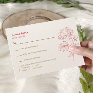 レッドピーニーラインスケッチ結婚式招待状、 出欠カード