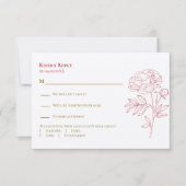 レッドピーニーラインスケッチ結婚式招待状、 出欠カード (正面)