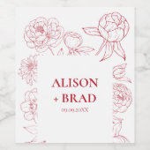 レッドピーニーラインスケッチ結婚式招待状、詳細 ワインラベル (シングルラベル)