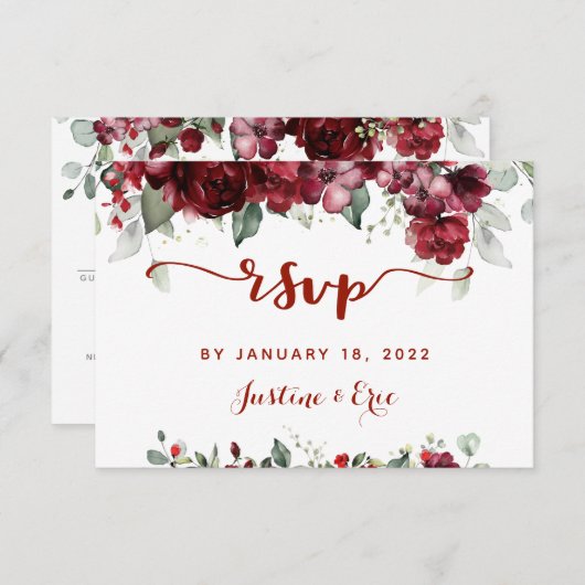 レッドピーニー結婚エピファニーのメール返信RSVPカード 出欠カード (正面/裏面)