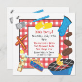 レッドピ市松模様にクニックバーベキューパーティの招待状 招待状 (正面/裏面)