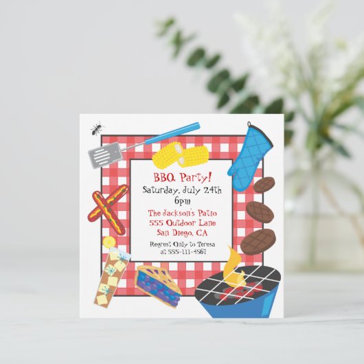 レッドピ市松模様にクニックバーベキューパーティの招待状 招待状 (スタンド正面)
