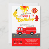 レッドファイアトラックパーティーテーマ消防士誕生日 招待状 (正面)