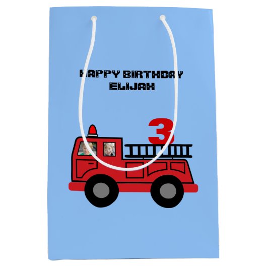 レッドファイアートラックキッズ誕生日写カスタム真 ミディアムペーパーバッグ (正面)