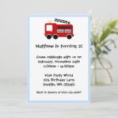 レッドファイアートラックブルー縁ど誕生日ボーイ招待状 招待状 (スタンド正面)