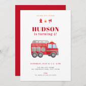レッドファイアートラック誕生日招待状テンプレート 招待状 (正面/裏面)