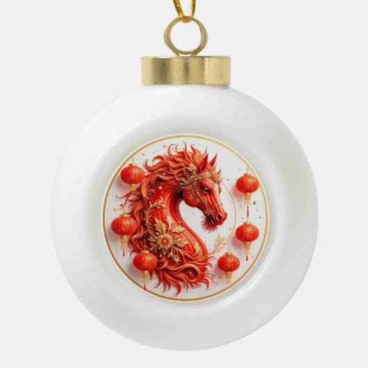 レッドファイアーホース – 2026年新年お祝いデザイン セラミックボールオーナメント (正面)