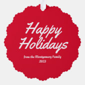 レッドファミリーフォトハッピーホリデー オーナメントカード (裏面)