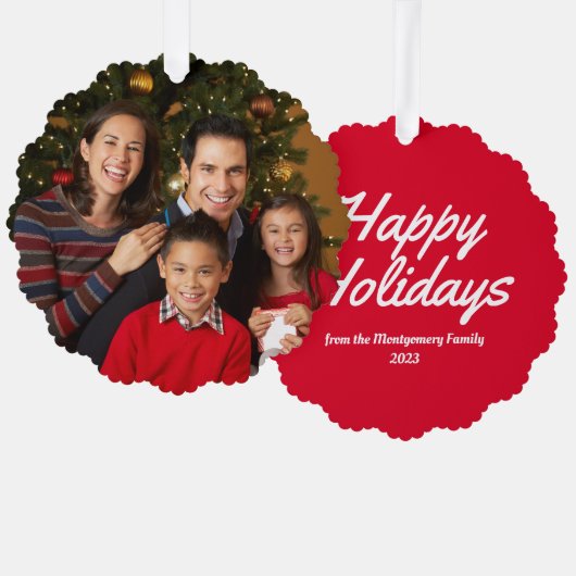 レッドファミリーフォトハッピーホリデー オーナメントカード (正面/裏面)