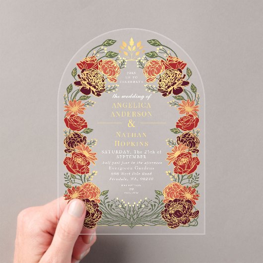 レッドファンタジーエンチャントフローラ庭園の結婚式アーチ アクリル招待状 (インサイチュ (ポータブル))
