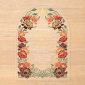 レッドファンタジーエンチャントフローラ庭園の結婚式アーチ アクリル招待状 (正面)