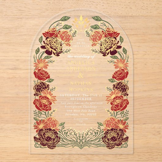 レッドファンタジーエンチャントフローラ庭園の結婚式アーチ アクリル招待状 (正面)