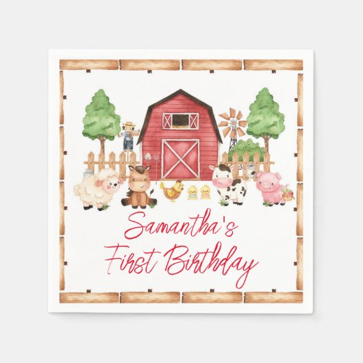 レッドファームアニマルバースデーパーティー スタンダードカクテルナプキン (正面)