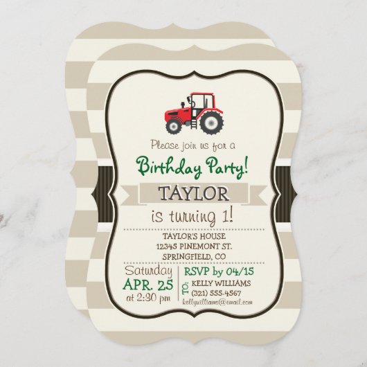レッドファームトラクターオンタンストライプズ 招待状 (正面/裏面)