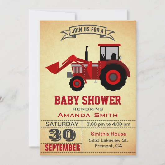 レッドファームトラクターベビーシャワー招待状 招待状 (正面)