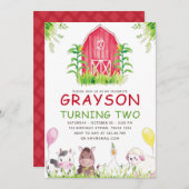 レッドファームハウスアニマルズウォーター誕生日 招待状 (正面/裏面)