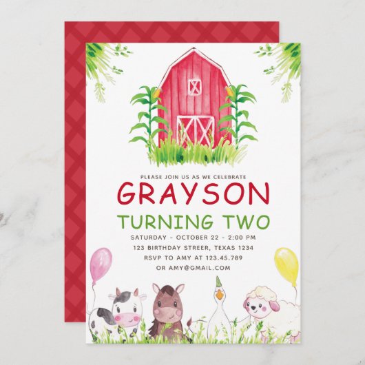 レッドファームハウスアニマルズウォーター誕生日 招待状 (正面/裏面)