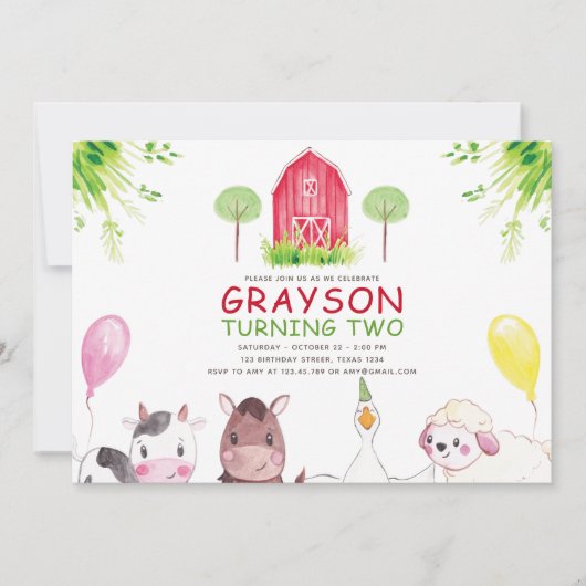 レッドファームハウスウォーターカラー誕生日 招待状 (正面)