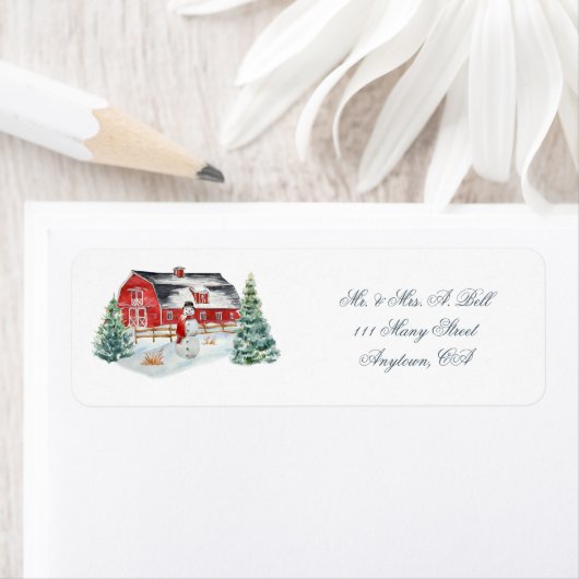 レッドファーム納屋周囲の庭と雪だるまラベル ラベル (インサイチュ)