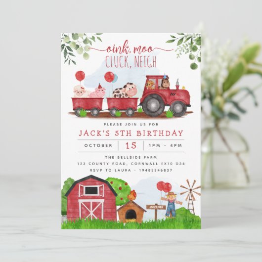 レッドファーム納屋周囲の庭動物誕生日招待状 招待状 (スタンド正面)