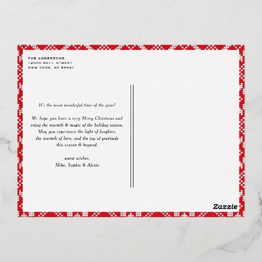 レッドフェアアイルウィンターニットパターンフォトクリスマス 箔シーズンポストカード (裏面)