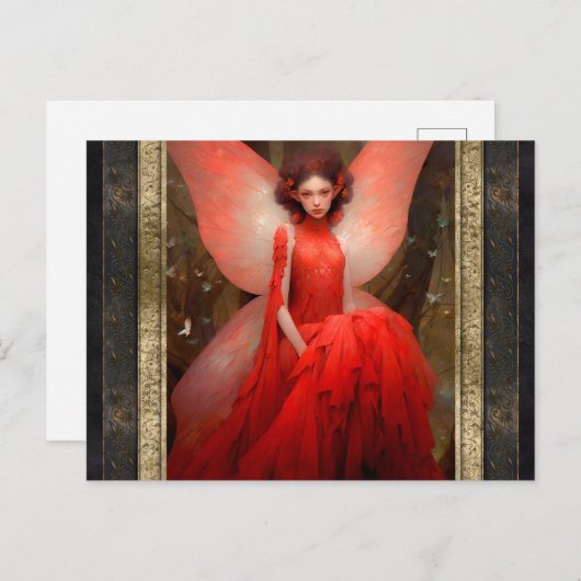 レッドフェアリーウーマンファンタジーアート ポストカード (正面/裏面)