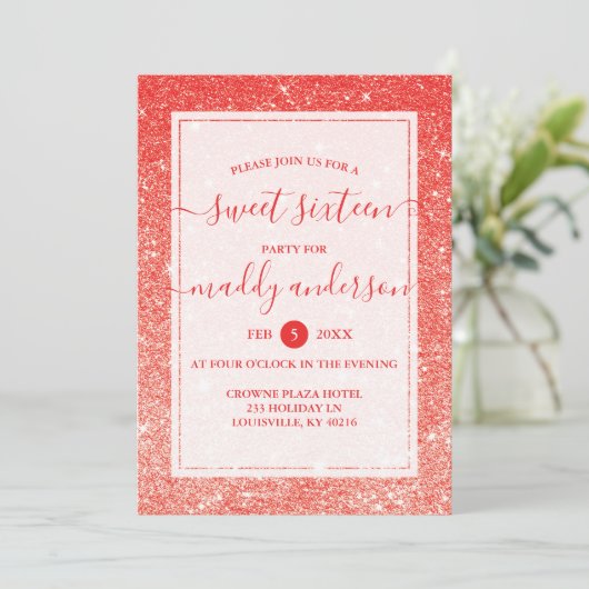 レッドフェイクグリッターエレガントスウィート16誕生日 招待状 (スタンド正面)