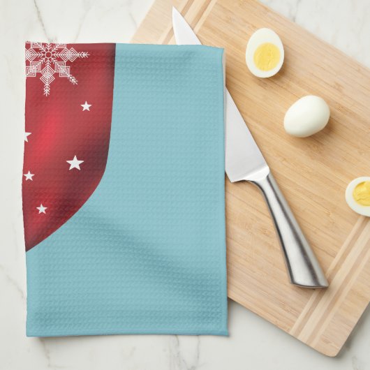 レッドフェスティバルクリスマスストッキングオンブルー キッチンタオル (四つ折り)