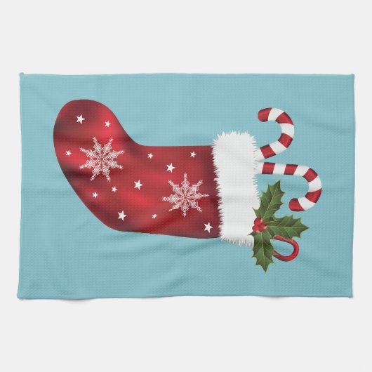 レッドフェスティバルクリスマスストッキングオンブルー キッチンタオル (横)