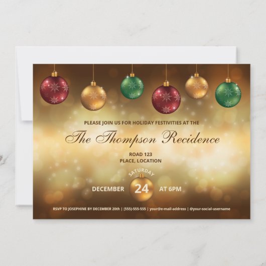 レッドフェスティバルクリスマスバウブルクリスマスパーティーインヴィ 招待状 (裏面)