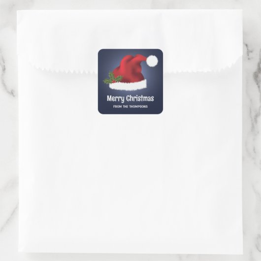 レッドフェスティバルサンタハットオンブルーウィズカスタム文字 スクエアシール (バッグ)