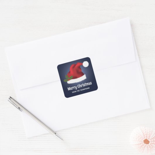 レッドフェスティバルサンタハットオンブルーウィズカスタム文字 スクエアシール (封筒)