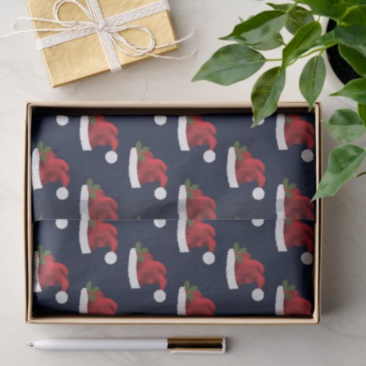 レッドフェスティバルサンタハットオンブルーパターン 薄葉紙 (ギフト)