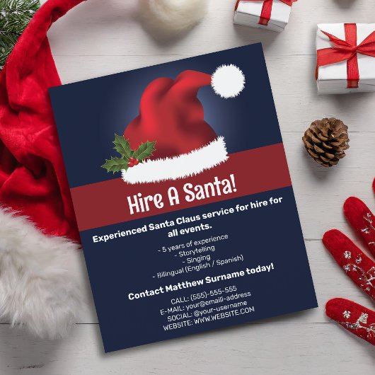 レッドフェスティバルサンタハットオンブルー – サンタを雇う チラシ