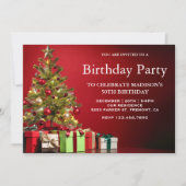 レッドフェスティバルホリデークリスマスツリーバースデーパーティー 招待状 (正面)