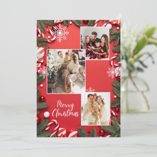 レッドフェスティバルメリークリスマスホリデーフォトコラージュ 招待状 (スタンド正面)