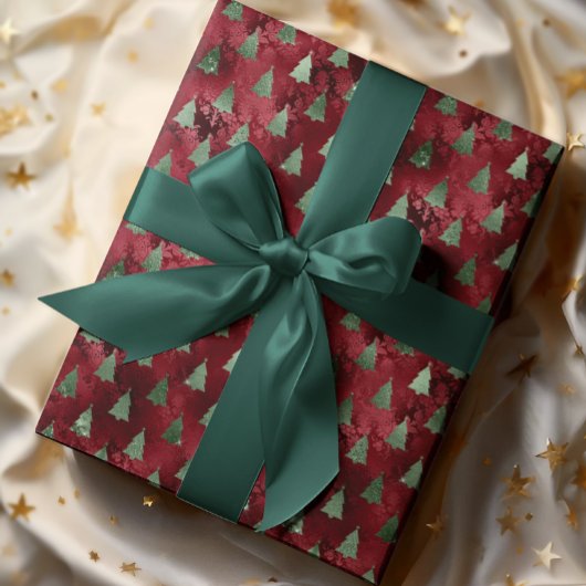 レッドフォイルルックグリッタークリスマスツリーグラム ラッピングペーパー