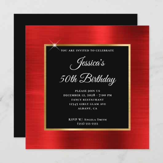 レッドフォイル金ゴールドとブラックオーバーレイ50誕生日 招待状 (正面/裏面)