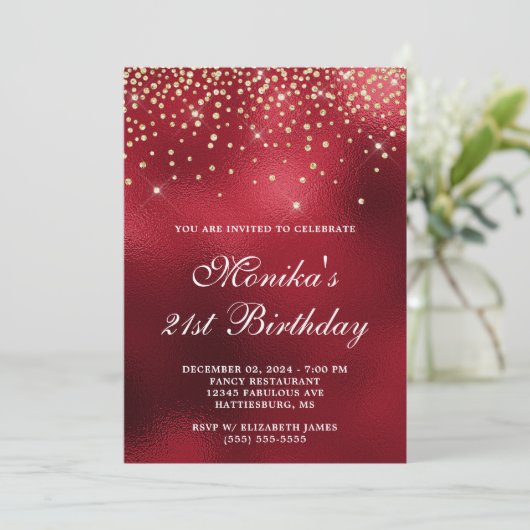 レッドフォイル金ゴールドダイヤモンド紙吹雪はっきりした21歳の誕生日 招待状 (スタンド正面)