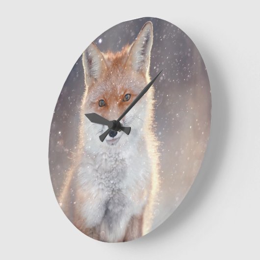 レッドフォックス、冬の森、風光明媚なイラストレーション。 ラージ壁時計 (傾斜)