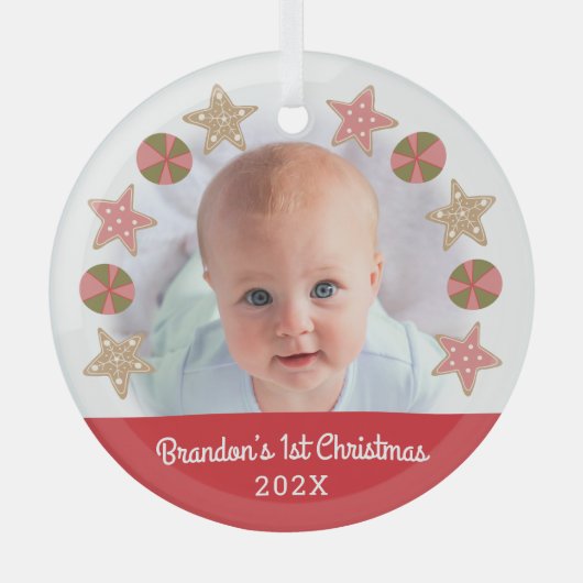レッドフォト初めてのクリスマス男の赤ちゃんCookieリース ガラスオーナメント (正面)
