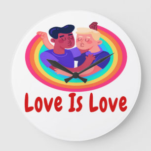 レッドフォントの2人の男性 虹背景 LOVE IS LOVE ラージ壁時計