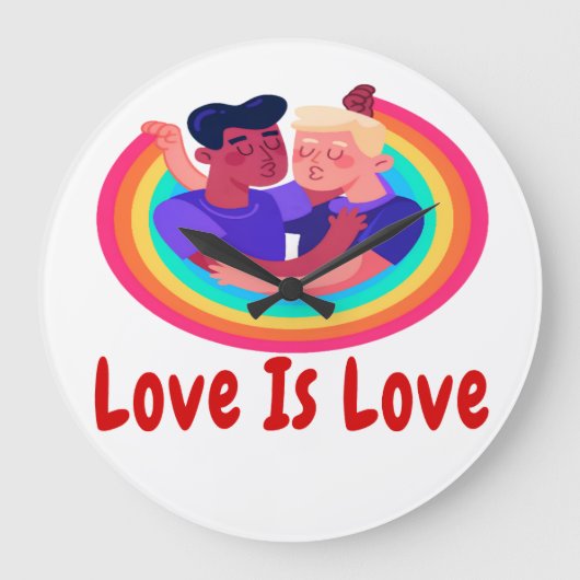 レッドフォントの2人の男性 虹背景 LOVE IS LOVE ラージ壁時計 (正面)