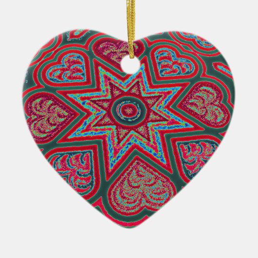 レッドフォークアートハートオーナメント セラミックオーナメント (正面)