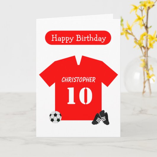 レッドフットボールパーソナライズされたシャツ10誕生日カード カード (黄色い花)