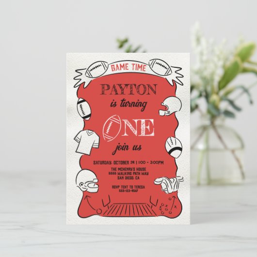 レッドフットボール1st片手引き誕生日 招待状 (スタンド正面)