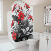 レッドフラワーオン白黒植物 シャワーカーテン (インサイチュ)