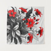 レッドフラワーオン白黒植物 タペストリー (正面(横))