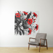レッドフラワーオン白黒植物 タペストリー (インサイチュ(横))