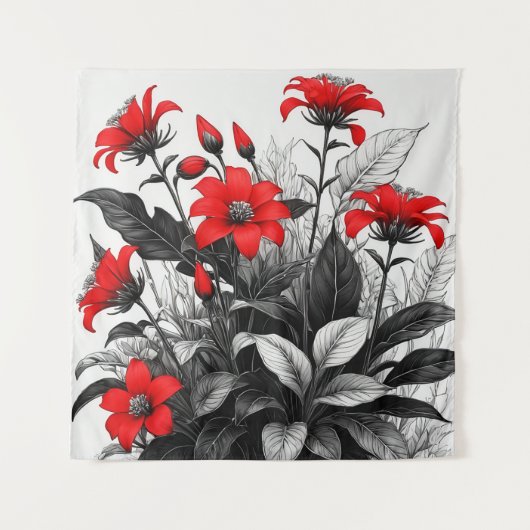 レッドフラワーオン白黒植物 タペストリー (正面)